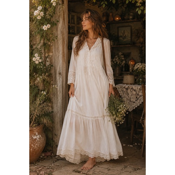 Saybury Dresses & Skirts - Boho Cottagecore Victorian 70s Saybury White Cotton Embroidery Lace Maxi M Gown